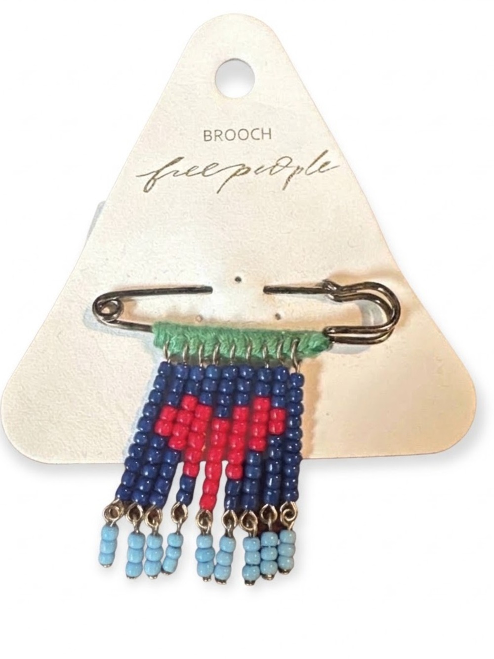Free People NWT Beaded Safety Pin Brooch Heart Fringe Blue Red Green
